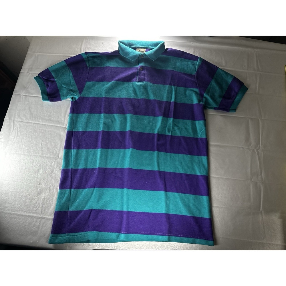 LL Bean Double L Polo Shirt Men's L Teal Purple Striped Made USA Vintage